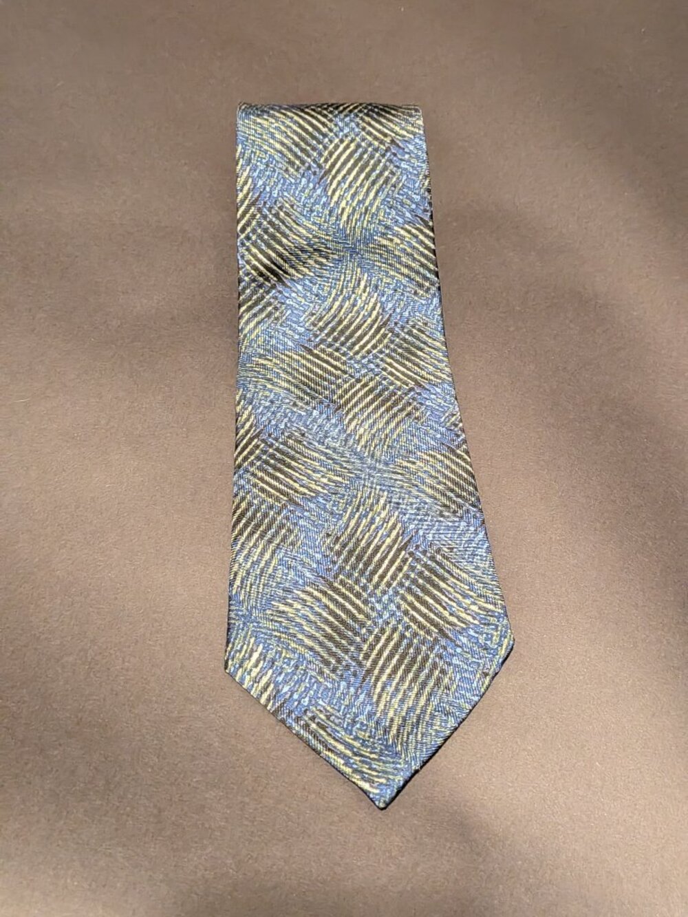 Vintage Jhane Barnes 100% Silk Geometric Woven Tie Blue Olive Gold Made in Japan
